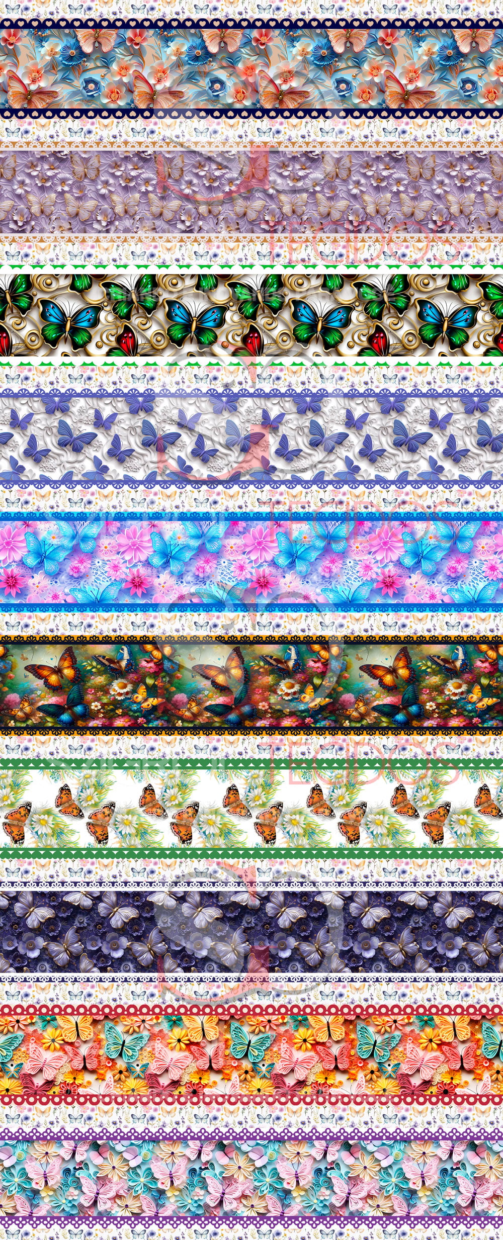 TRICOLINE ESTAMPA DIGITAL COM 10 BARRAS BORBOLETAS DE 12 CM PARA PANO DE PRATOS 100% ALGODÃO COM 1,50 LG