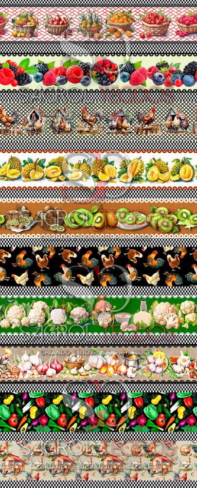 TRICOLINE ESTAMPA DIGITAL COM 10 BARRAS FRUTAS E LEGUMES DE 12 CM PARA PANO DE PRATOS 100% ALGODÃO COM 1,50 LG