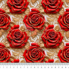 TRICOLINE ESTAMPA DIGITAL ROSAS GLAMOUR DOURADO 100% ALGODÃO COM 1,50 LG