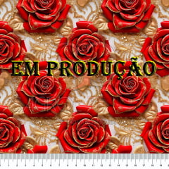 TRICOLINE ESTAMPA DIGITAL ROSAS GLAMOUR DOURADO 100% ALGODÃO COM 1,50 LG