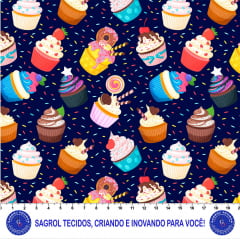 Tricoline Digital Cupcake Fundo Bege, 100% Alg 50cm x 1,50mt