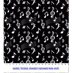 TRICOLINE ESTAMPA DIGITAL NOTAS MUSICAL BRANCA FUNDO PRETO 100% ALGODÃO COM 1,50 LG