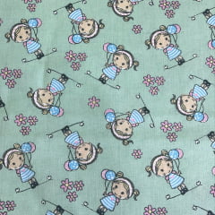 TECIDO TRICOLINE ESTAMPA BONECAS ALBANY FUNDO VERDE 100% ALGODÃO COM 1,50 LG 605CA03DB091A