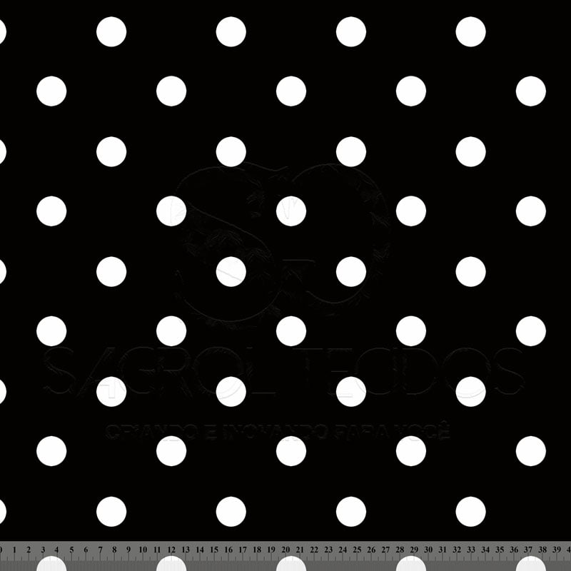 VISCOSE ESTAMPA DIGITAL POÁ COM 20 MM BRANCO FUNDO PRETO 100% VISCOSE COM 1,40 LG